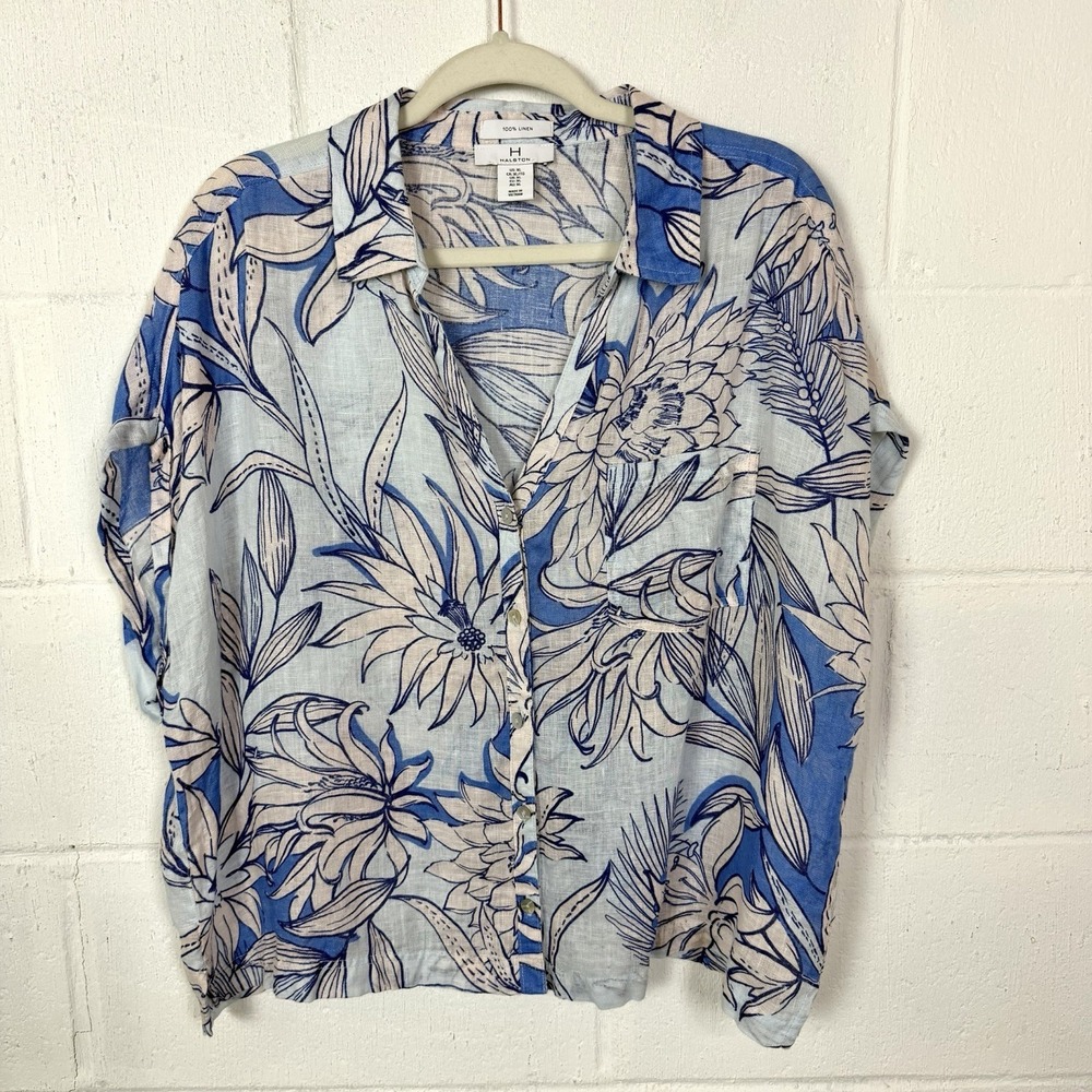 Halston 100% Linen Button Up Top Relaxed Boxy Blue Floral Tropical Resort SZ XL